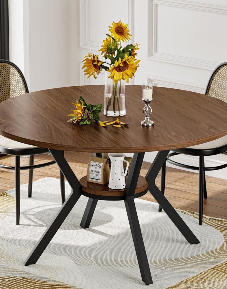 42" Round Dining Table for 4, Farmhouse Kitchen Table with Storage, Space Saving Circle Dinner Table, Rustic Wood Kitchen & Dining Room Tables with Metal Legs for Home, Apartment, Office, Restaurant