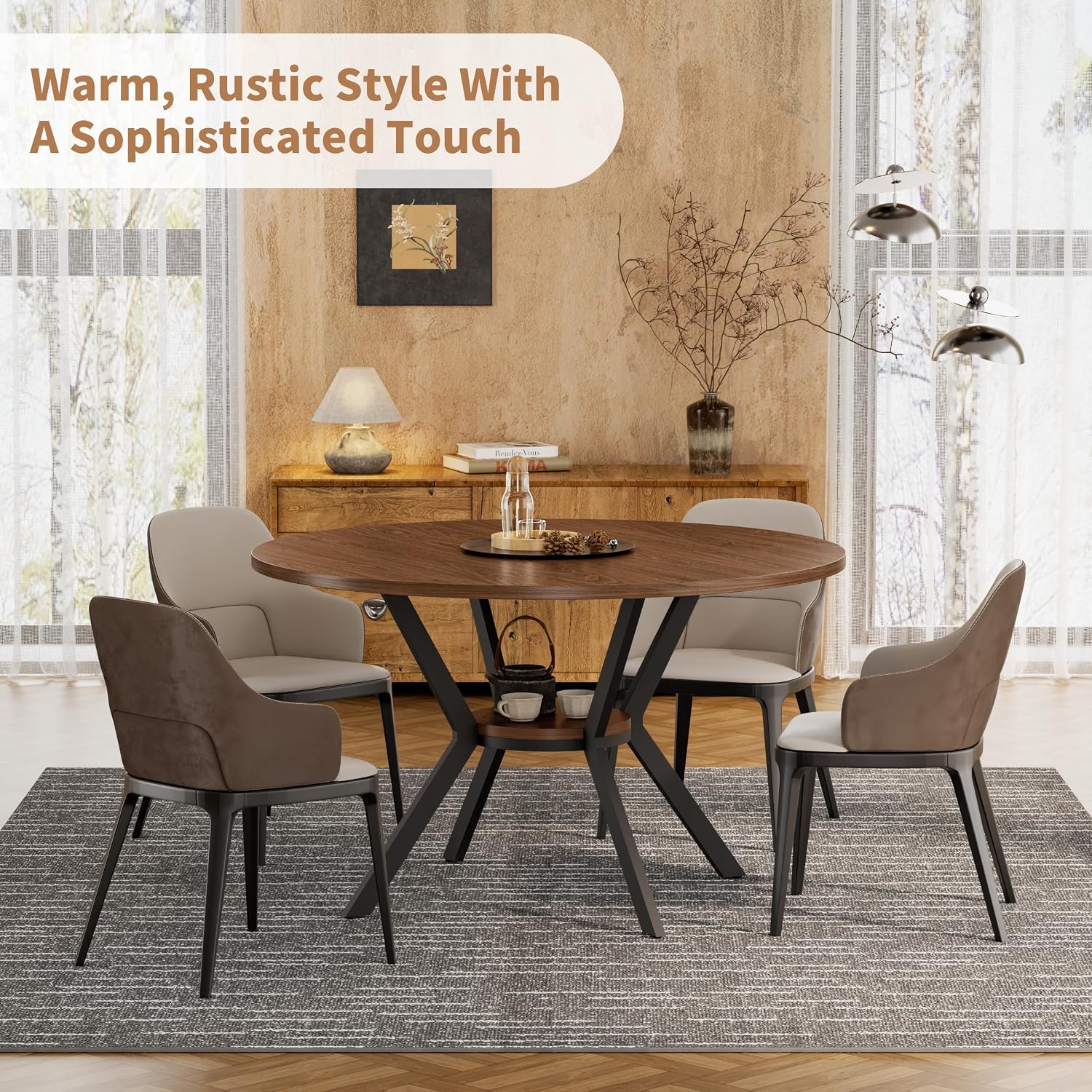 42" Round Dining Table for 4, Farmhouse Kitchen Table with Storage, Space Saving Circle Dinner Table, Rustic Wood Kitchen & Dining Room Tables with Metal Legs for Home, Apartment, Office, Restaurant - Image 4