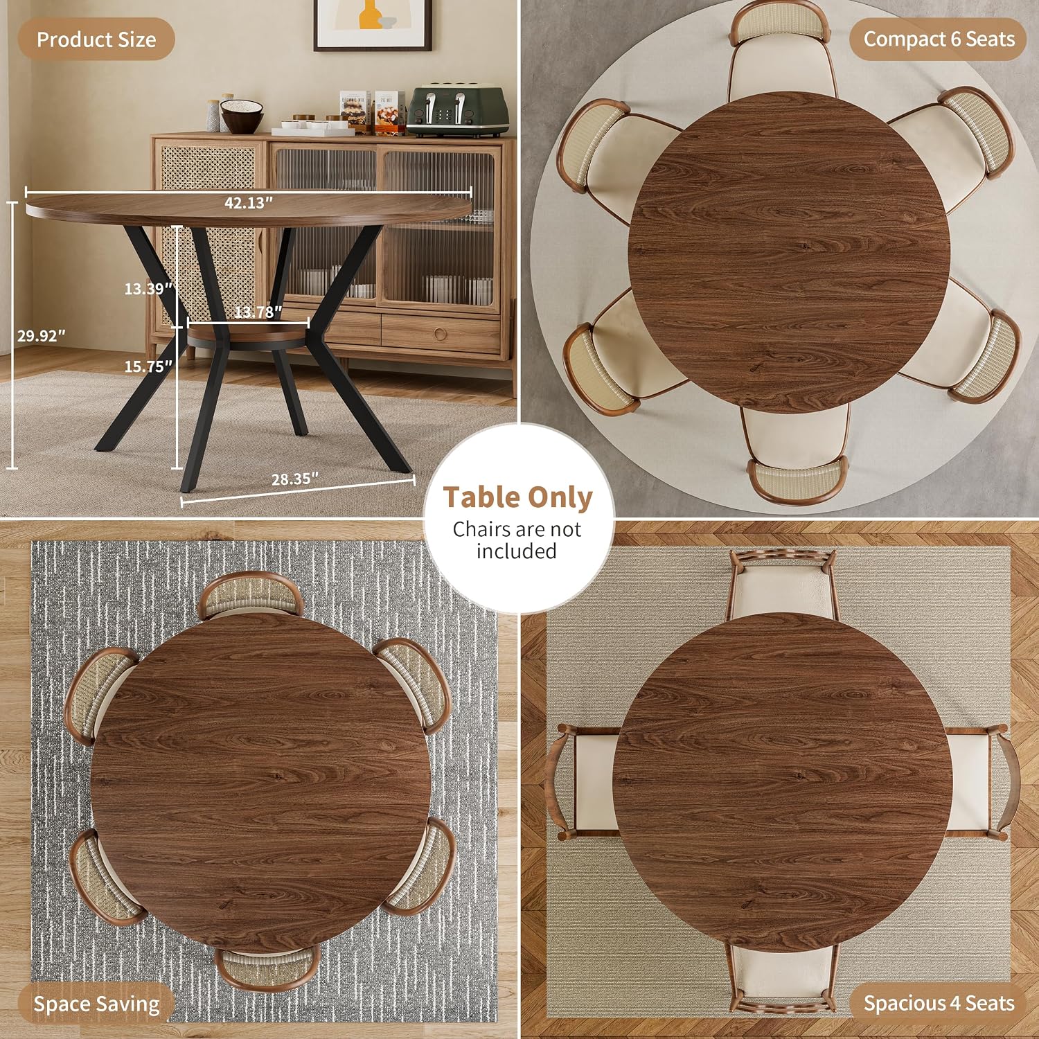 42" Round Dining Table for 4, Farmhouse Kitchen Table with Storage, Space Saving Circle Dinner Table, Rustic Wood Kitchen & Dining Room Tables with Metal Legs for Home, Apartment, Office, Restaurant - Image 8