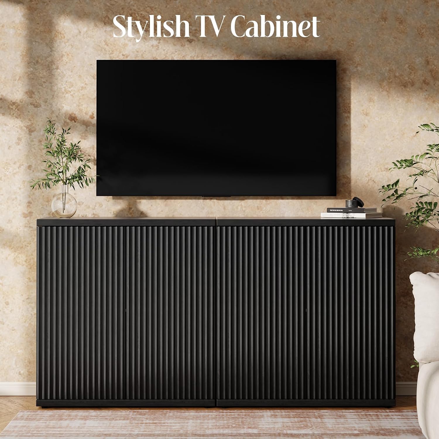 Fluted Buffet Cabinet with Storage Sideboard with 2 Doors& Adjustable Shelf - Image 2