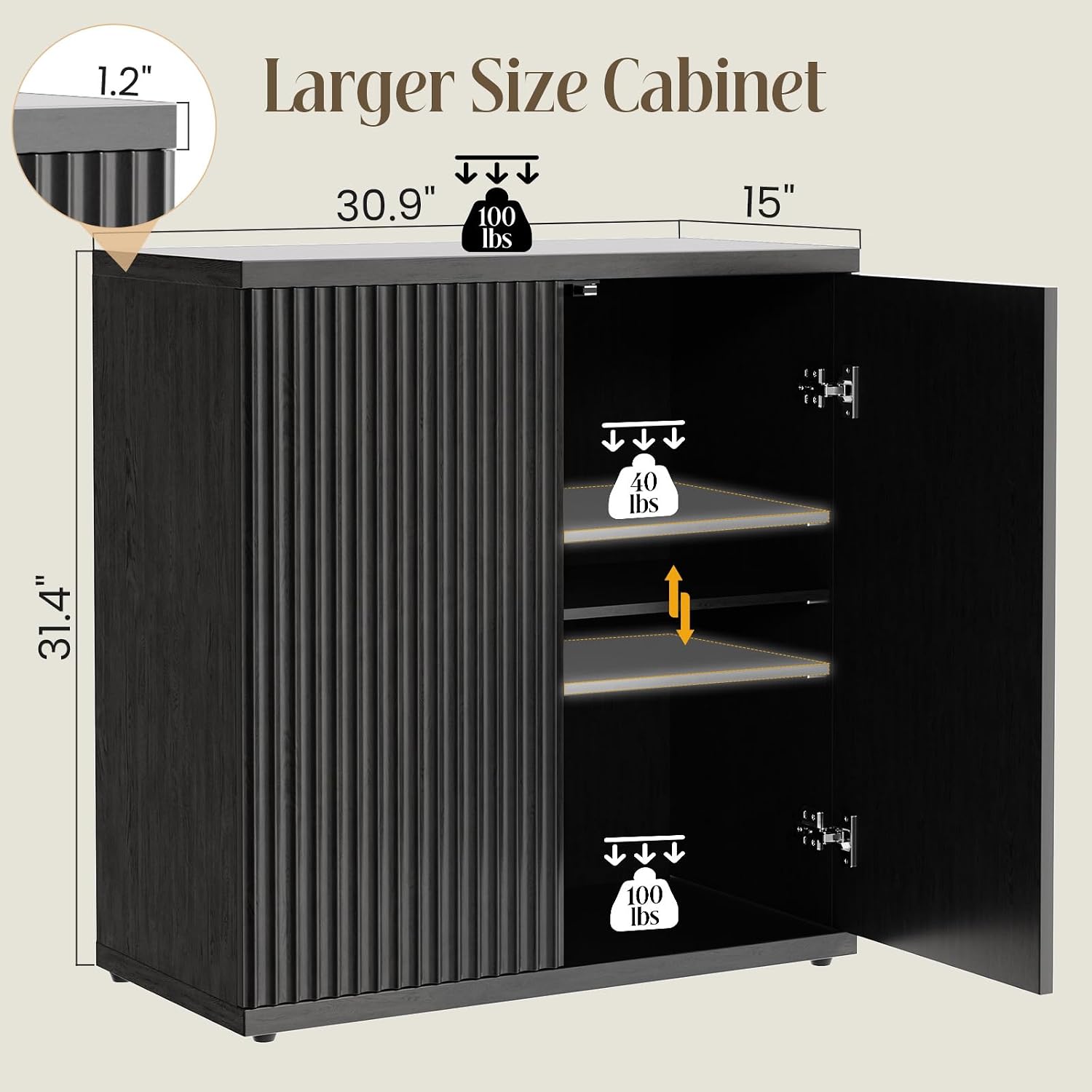 Fluted Buffet Cabinet with Storage Sideboard with 2 Doors& Adjustable Shelf - Image 3