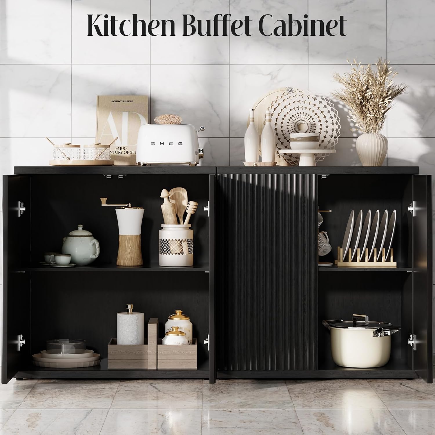 Fluted Buffet Cabinet with Storage Sideboard with 2 Doors& Adjustable Shelf - Image 4