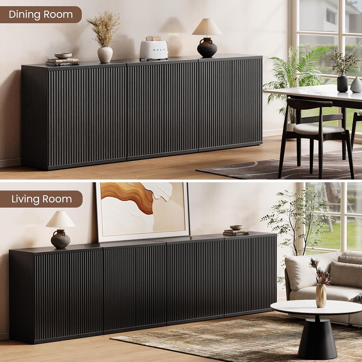 Fluted Buffet Cabinet with Storage Sideboard with 2 Doors& Adjustable Shelf - Image 5