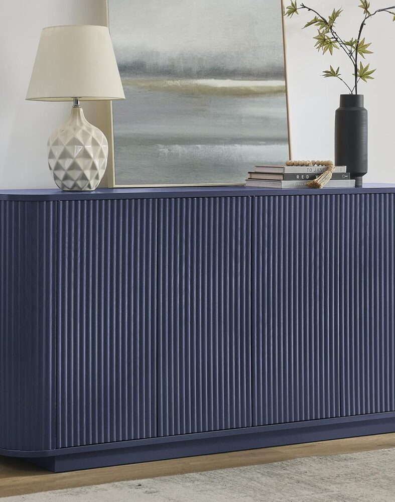 64" Fluted Buffet Cabinet with Storage, Blue Sideboard Cabinet