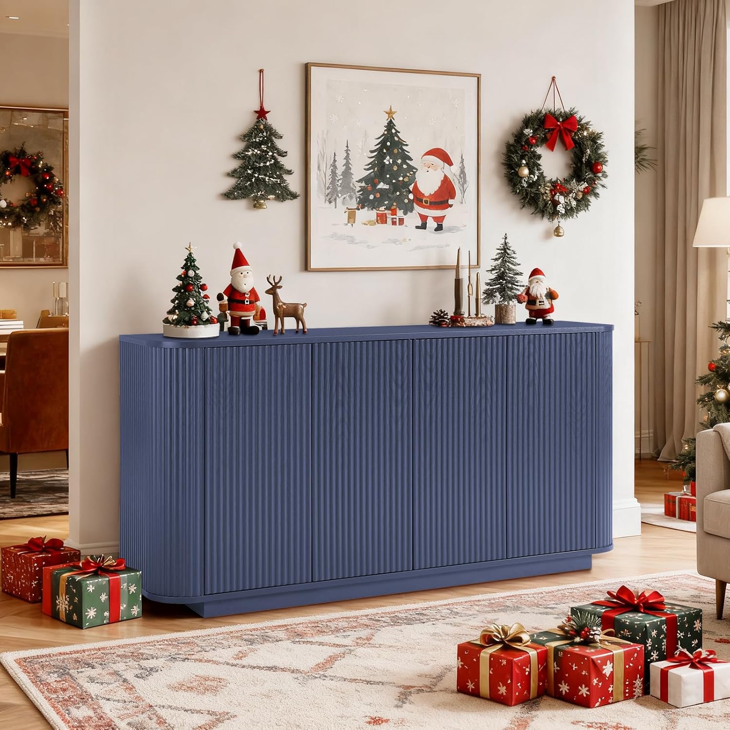 64" Fluted Buffet Cabinet with Storage, Blue Sideboard Cabinet - Image 3
