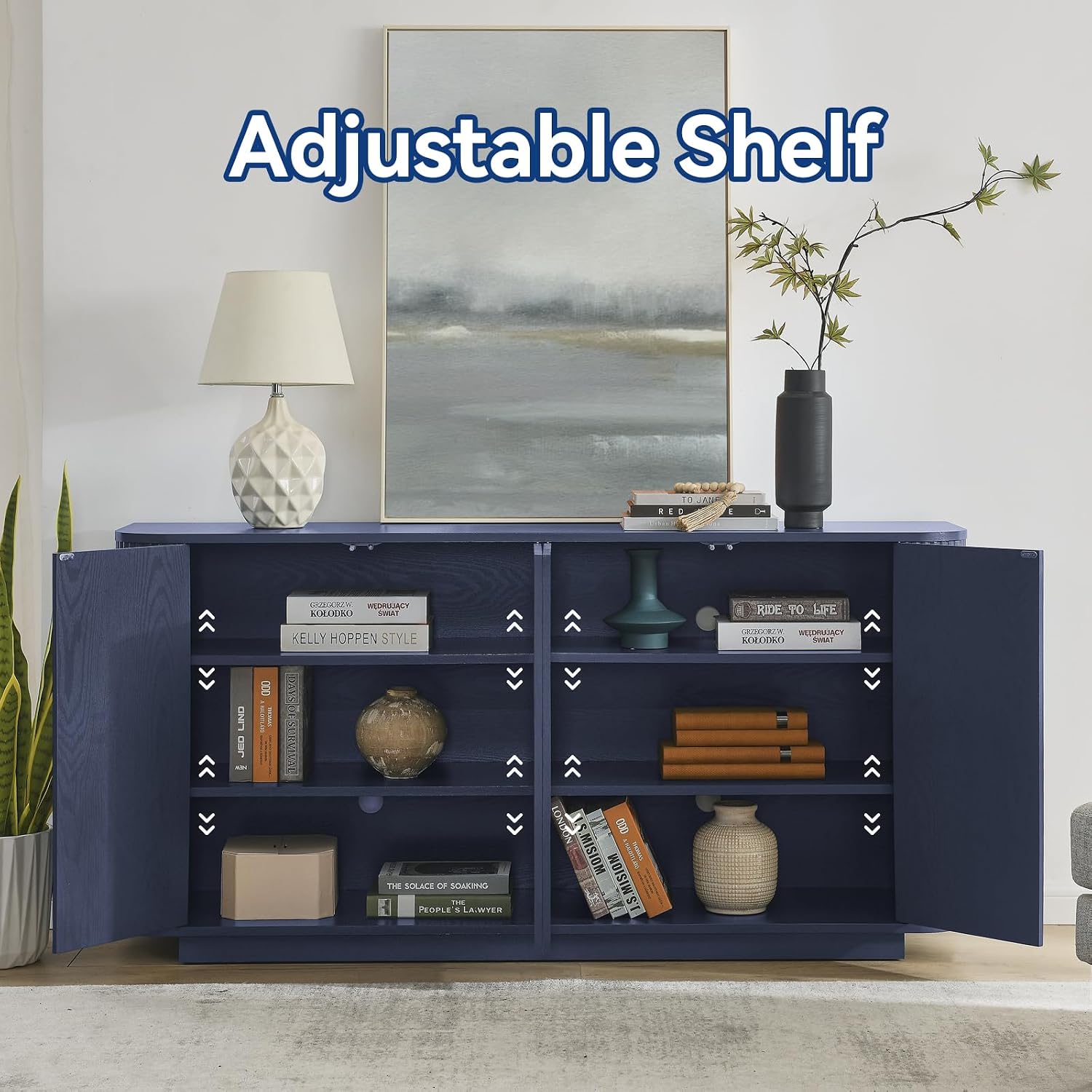 64" Fluted Buffet Cabinet with Storage, Blue Sideboard Cabinet - Image 6