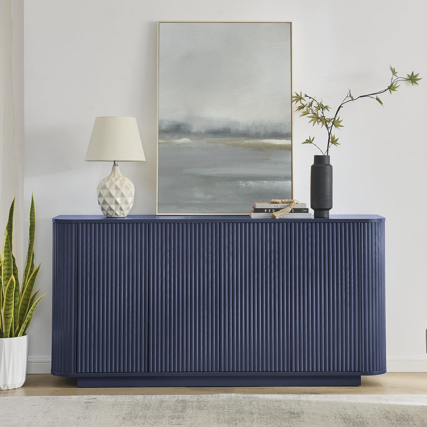 64" Fluted Buffet Cabinet with Storage, Blue Sideboard Cabinet - Image 7