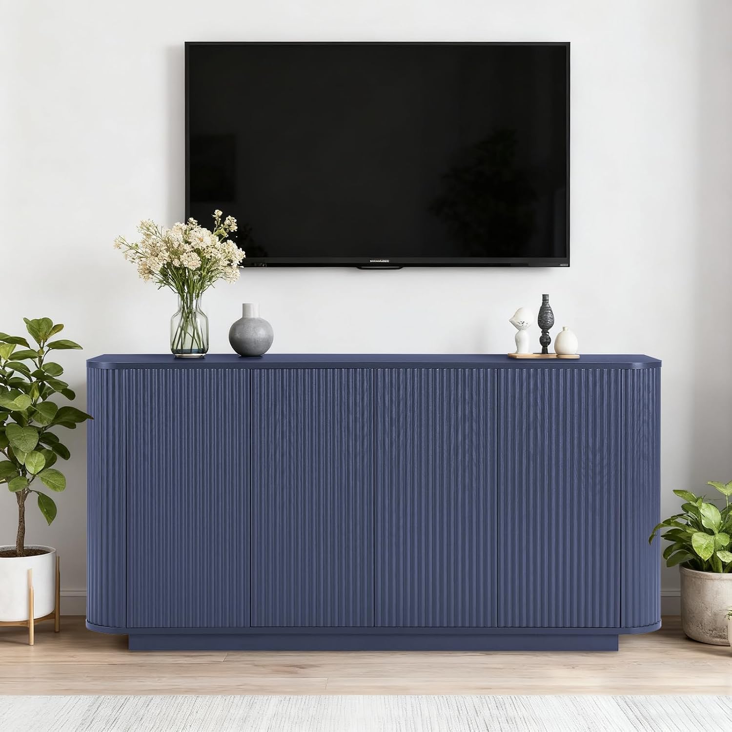 64" Fluted Buffet Cabinet with Storage, Blue Sideboard Cabinet - Image 8