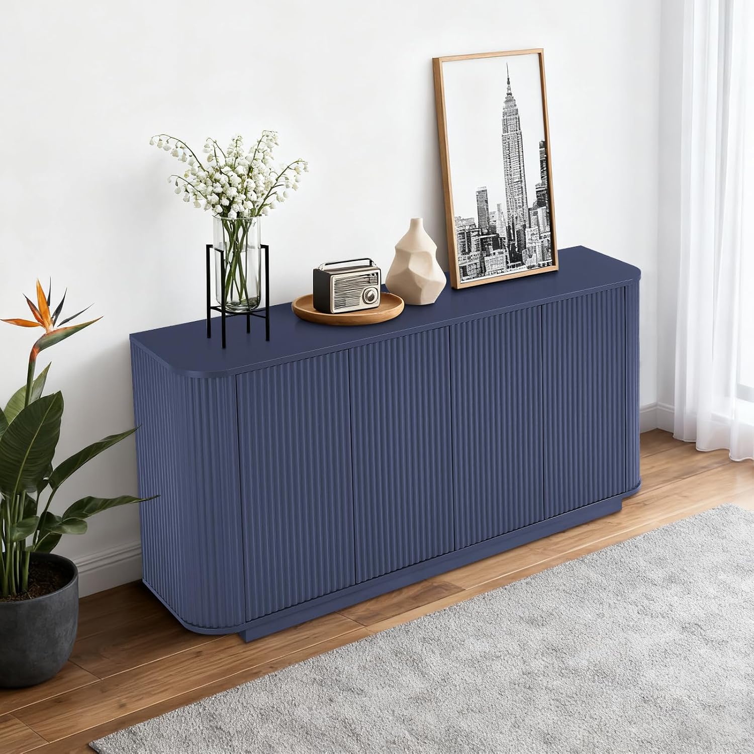 64" Fluted Buffet Cabinet with Storage, Blue Sideboard Cabinet - Image 9
