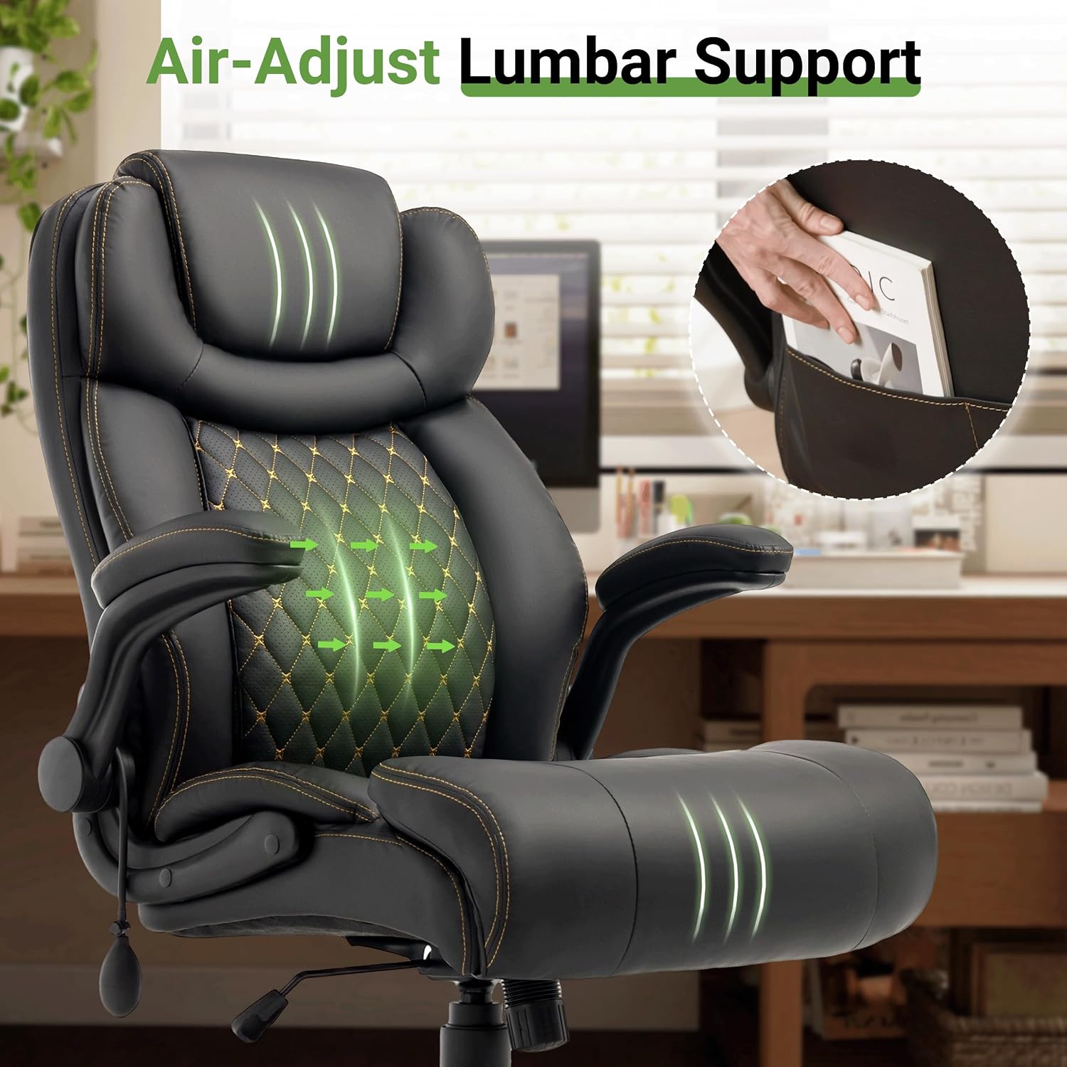 Office Chair, Big and Tall Executive Chair with Air-Lumbar Support, Breathable Desk Computer Chair with Adjustable Flip-up Armrests, Wide Cushion Seat Swivel Home Office Chair - Image 3
