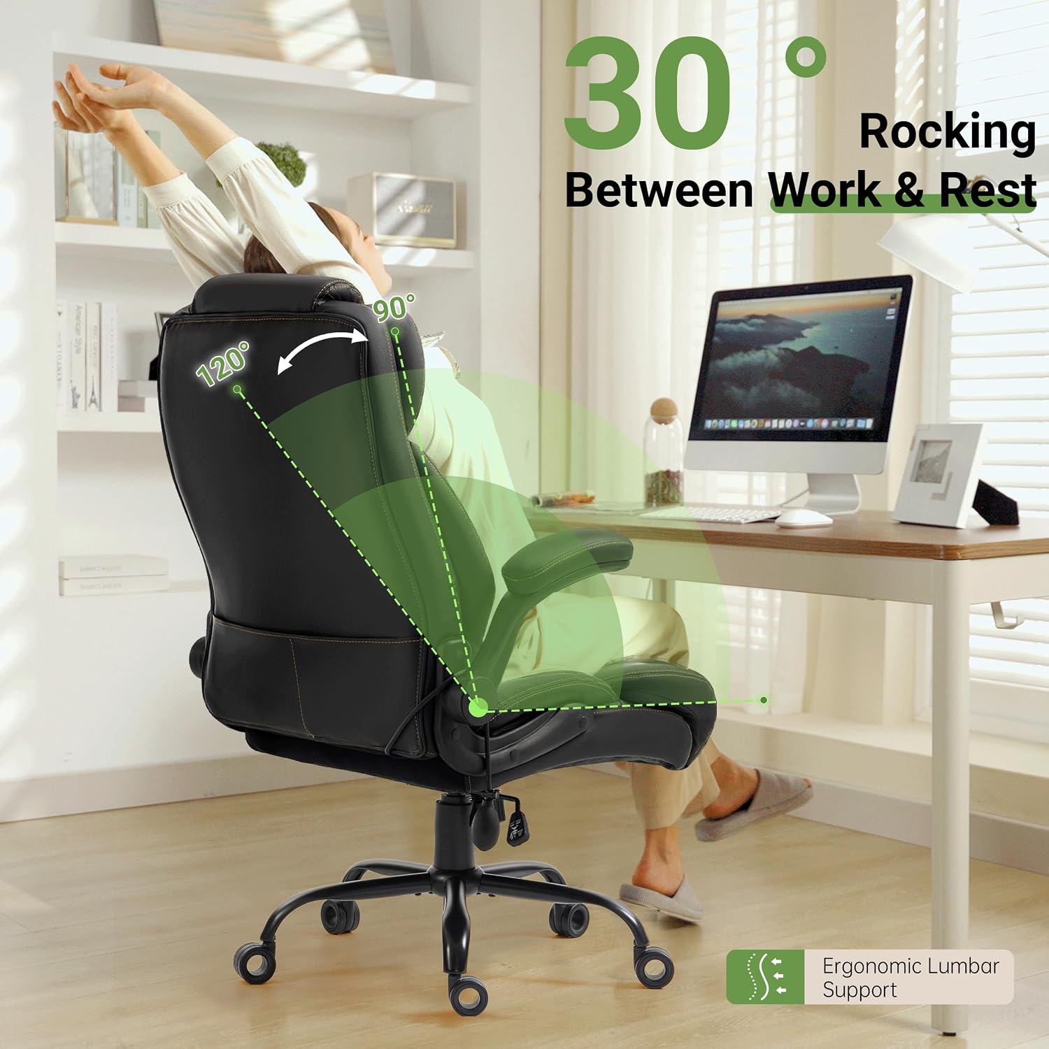 Office Chair, Big and Tall Executive Chair with Air-Lumbar Support, Breathable Desk Computer Chair with Adjustable Flip-up Armrests, Wide Cushion Seat Swivel Home Office Chair - Image 4