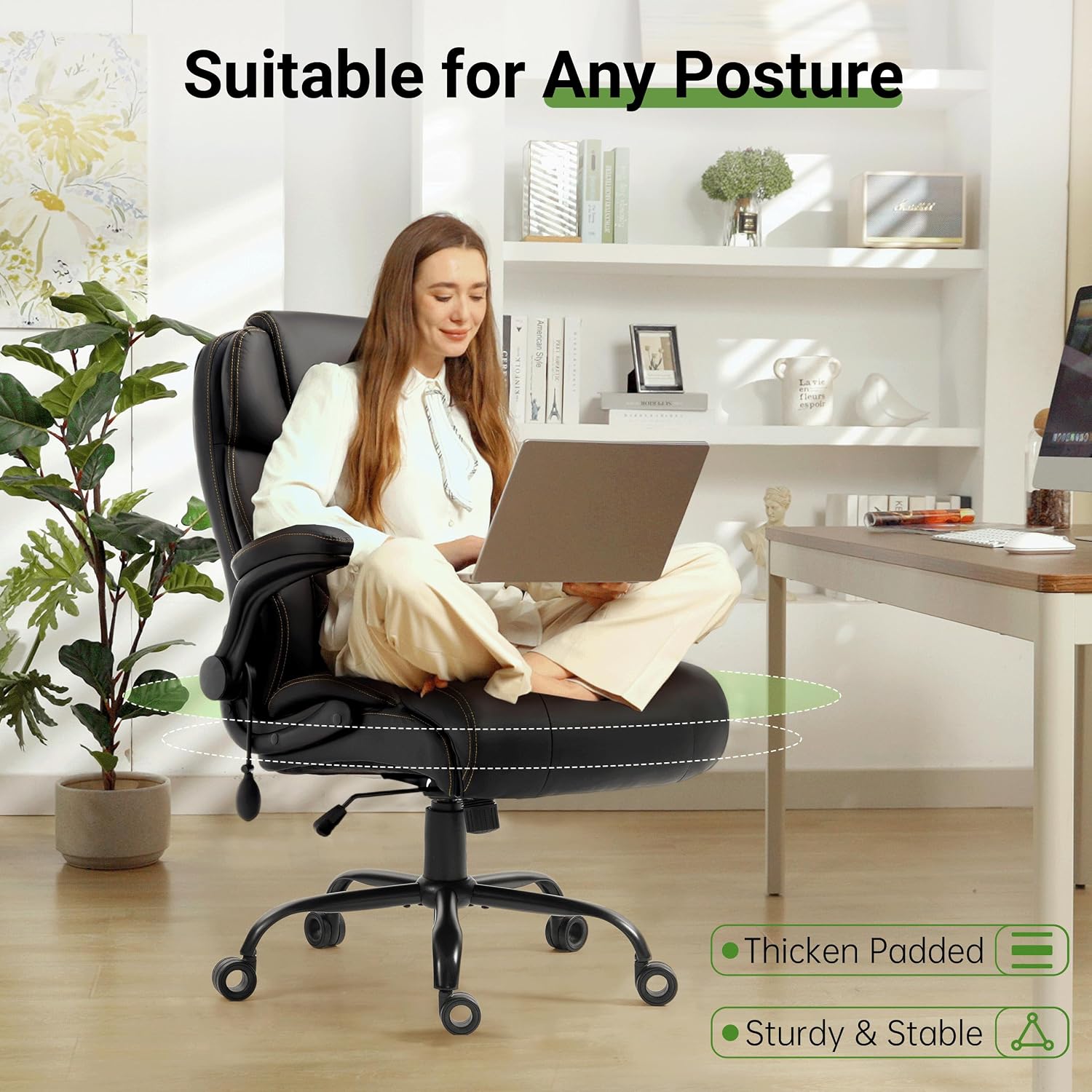Office Chair, Big and Tall Executive Chair with Air-Lumbar Support, Breathable Desk Computer Chair with Adjustable Flip-up Armrests, Wide Cushion Seat Swivel Home Office Chair - Image 5