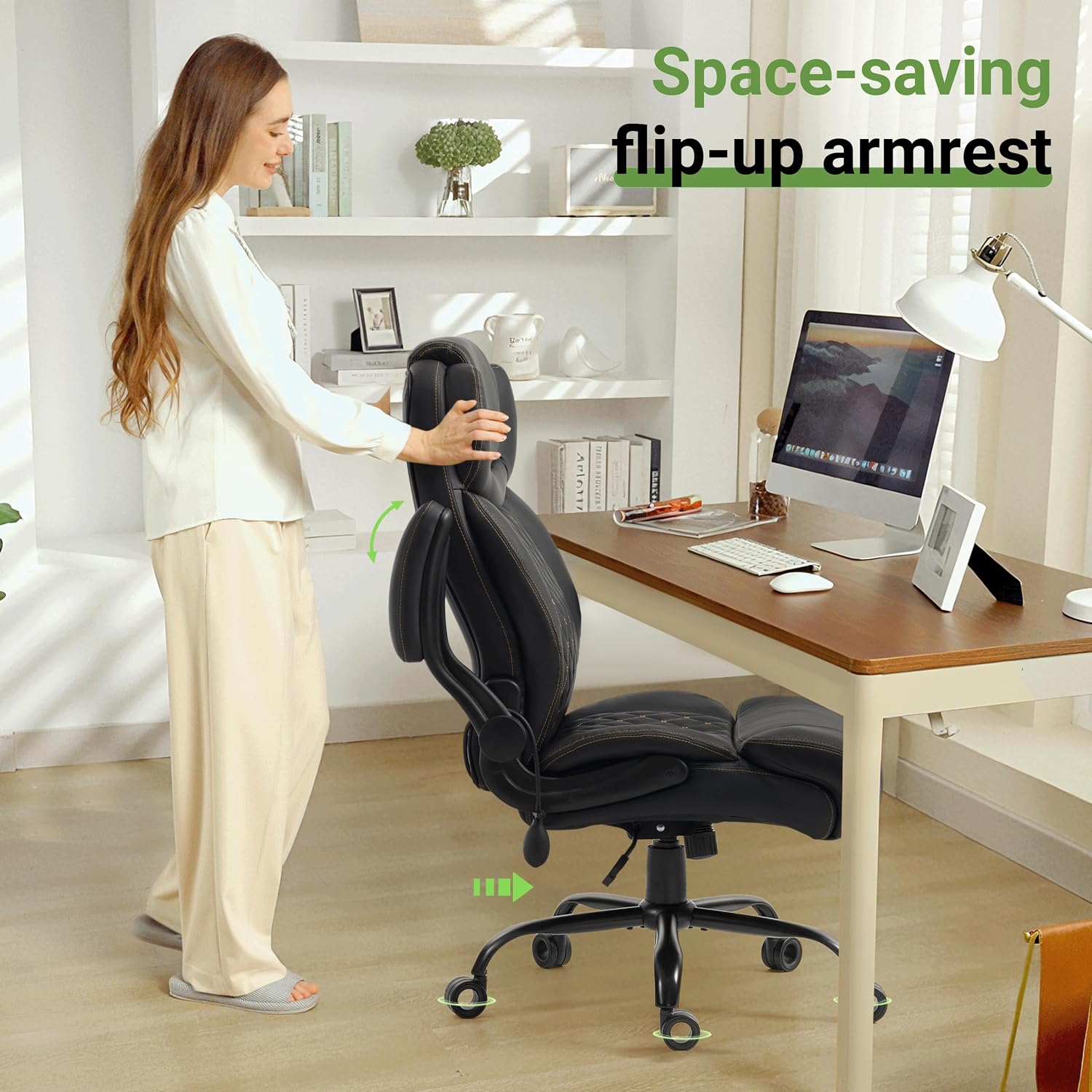 Office Chair, Big and Tall Executive Chair with Air-Lumbar Support, Breathable Desk Computer Chair with Adjustable Flip-up Armrests, Wide Cushion Seat Swivel Home Office Chair - Image 6