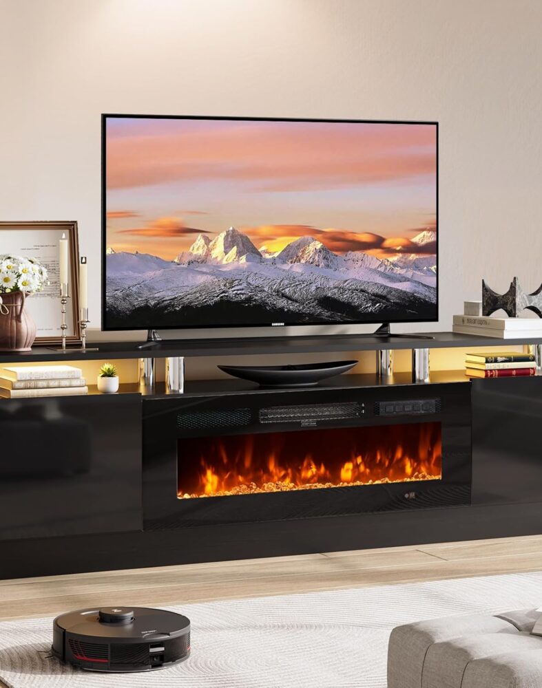 70" TV Stand for Living Room, Modern Entertainment Center & Media Console, Fits TVs up to 80", Storage Cabinet with Shelves, 36" Electric Fireplace with LED Flame (All Black)