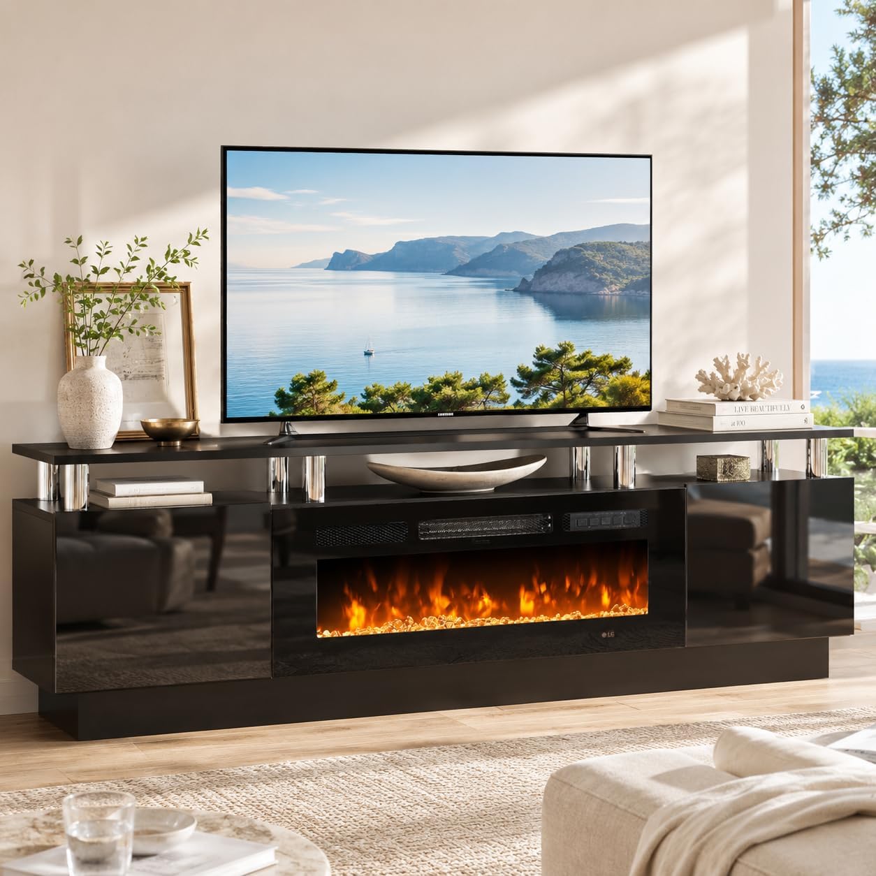 70" TV Stand for Living Room, Modern Entertainment Center & Media Console, Fits TVs up to 80", Storage Cabinet with Shelves, 36" Electric Fireplace with LED Flame (All Black) - Image 2