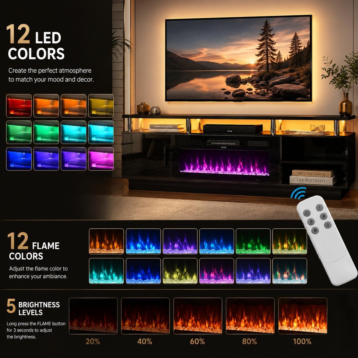 70" TV Stand for Living Room, Modern Entertainment Center & Media Console, Fits TVs up to 80", Storage Cabinet with Shelves, 36" Electric Fireplace with LED Flame (All Black) - Image 3