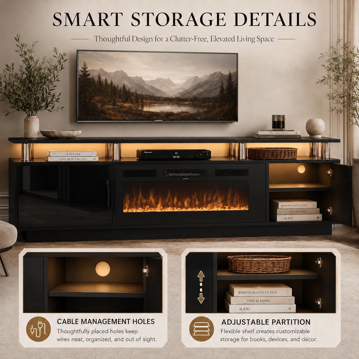 70" TV Stand for Living Room, Modern Entertainment Center & Media Console, Fits TVs up to 80", Storage Cabinet with Shelves, 36" Electric Fireplace with LED Flame (All Black) - Image 4