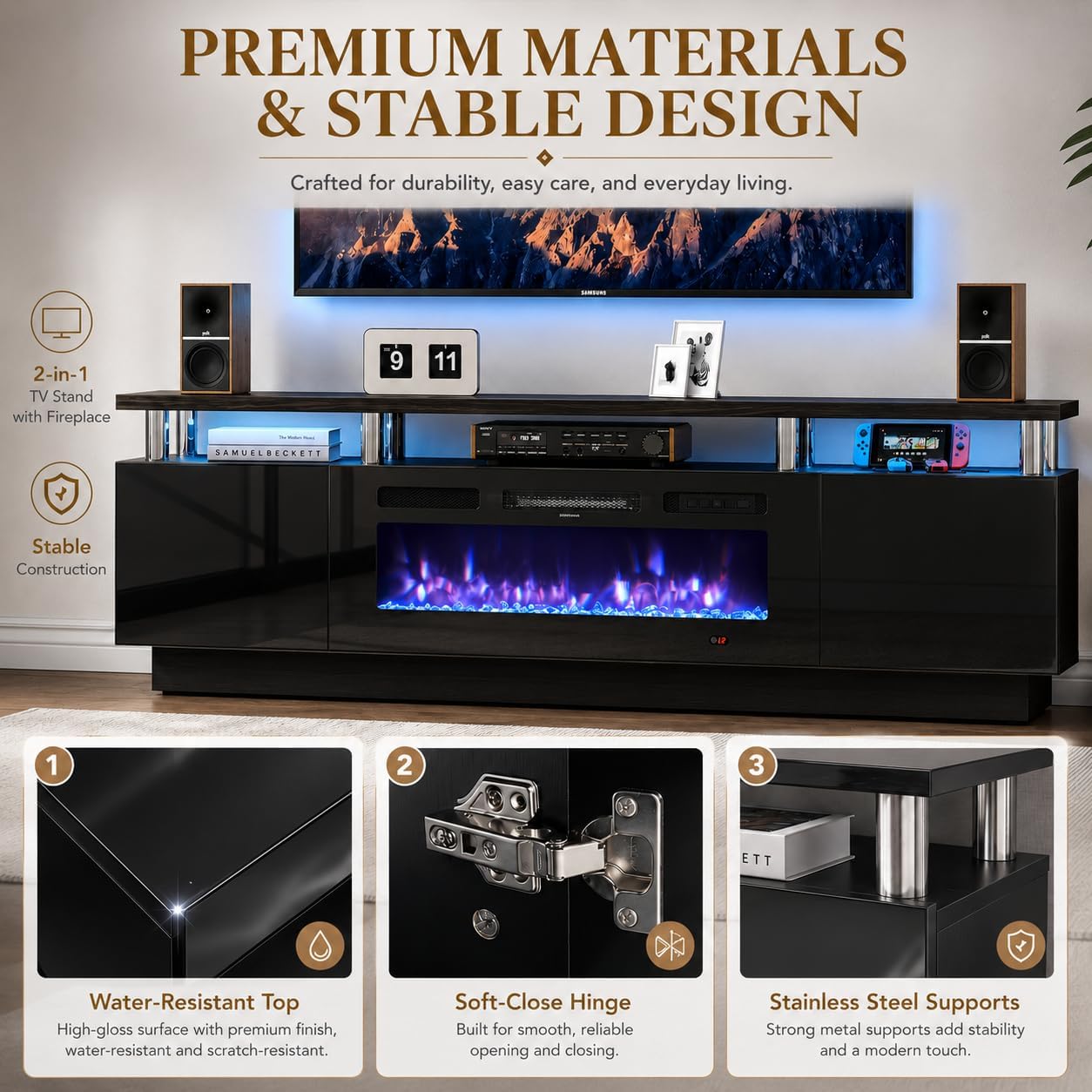 70" TV Stand for Living Room, Modern Entertainment Center & Media Console, Fits TVs up to 80", Storage Cabinet with Shelves, 36" Electric Fireplace with LED Flame (All Black) - Image 6