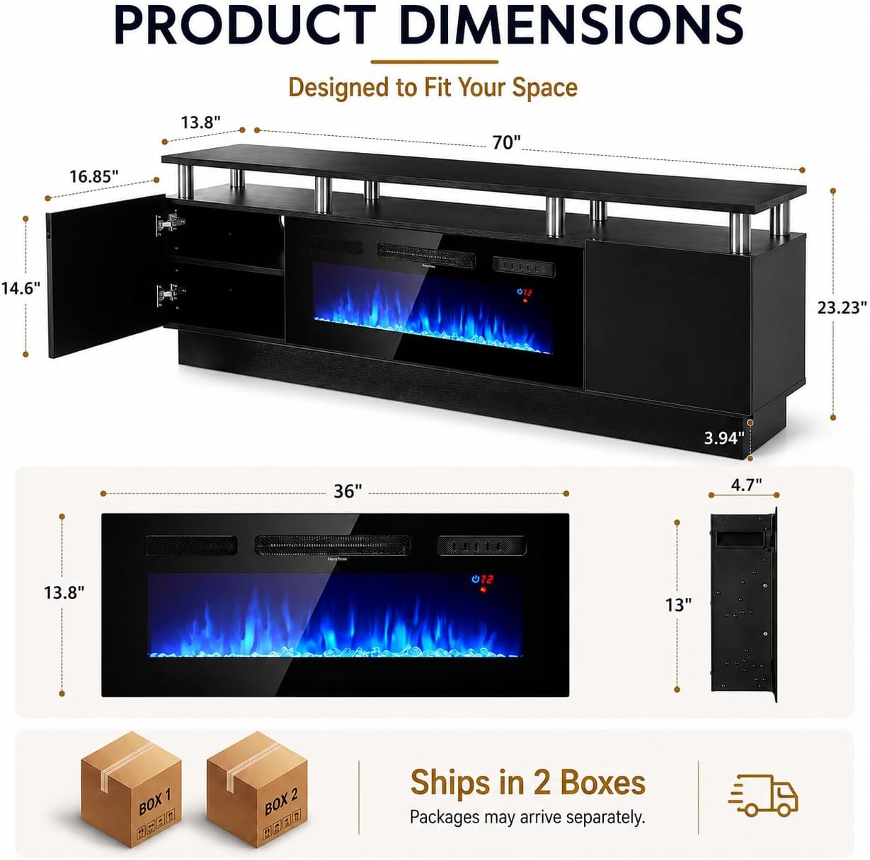 70" TV Stand for Living Room, Modern Entertainment Center & Media Console, Fits TVs up to 80", Storage Cabinet with Shelves, 36" Electric Fireplace with LED Flame (All Black) - Image 7