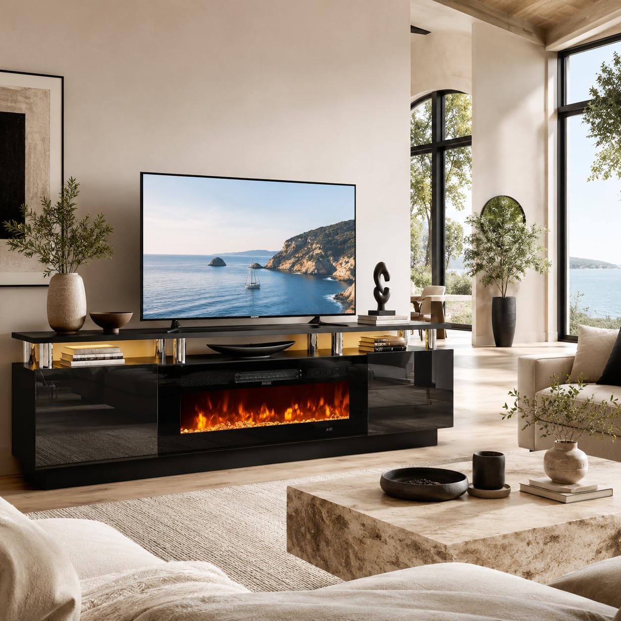 70" TV Stand for Living Room, Modern Entertainment Center & Media Console, Fits TVs up to 80", Storage Cabinet with Shelves, 36" Electric Fireplace with LED Flame (All Black) - Image 8