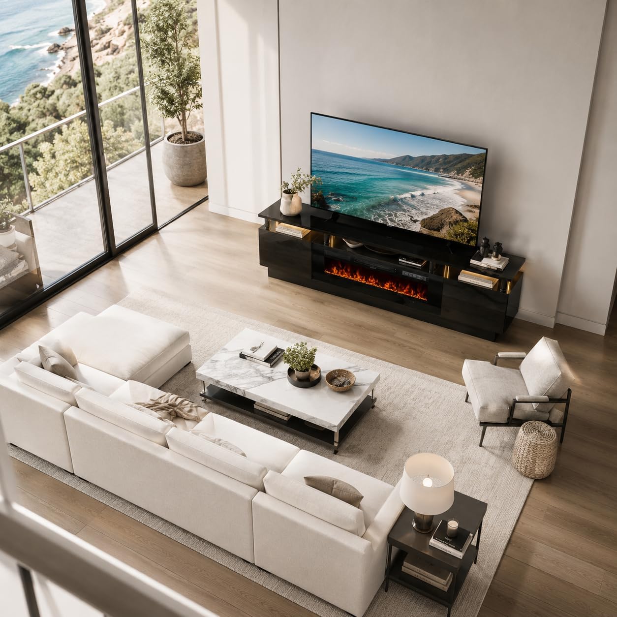 70" TV Stand for Living Room, Modern Entertainment Center & Media Console, Fits TVs up to 80", Storage Cabinet with Shelves, 36" Electric Fireplace with LED Flame (All Black) - Image 9